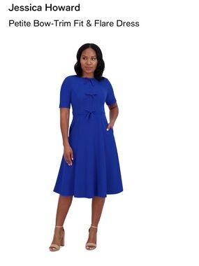 Jessica Howard Royal Blue Petite Fit & Flare Dress with Bow Trim